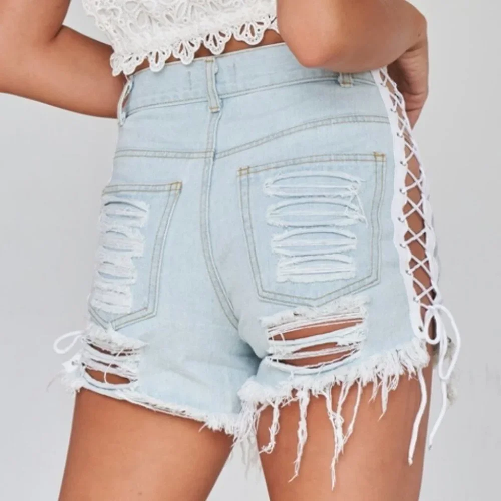 High Waisted Light Denim Frayed Hem Destroyed Denim Shorts - Picture 4 of 4